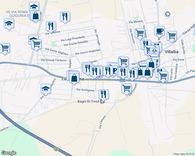 map of restaurants, bars, coffee shops, grocery stores, and more near 250 Via Nazionale Tiburtina in Tivoli Terme