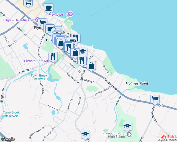 map of restaurants, bars, coffee shops, grocery stores, and more near 101 Sandwich Street in Plymouth