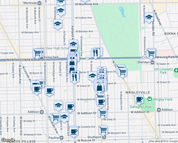 map of restaurants, bars, coffee shops, grocery stores, and more near 1450 West Byron Street in Chicago