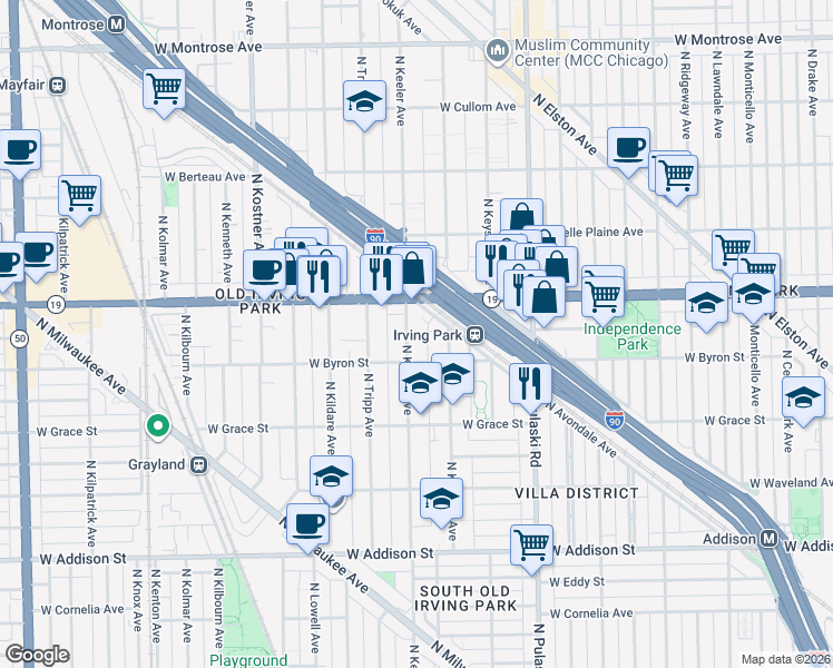 map of restaurants, bars, coffee shops, grocery stores, and more near 3925 North Keeler Avenue in Chicago