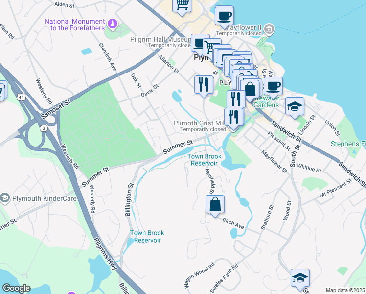 map of restaurants, bars, coffee shops, grocery stores, and more near 124 Summer Street in Plymouth
