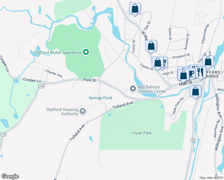map of restaurants, bars, coffee shops, grocery stores, and more near 20 Park Street in Stafford