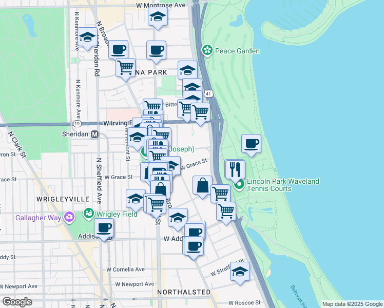 map of restaurants, bars, coffee shops, grocery stores, and more near 635w West Grace Street in Chicago