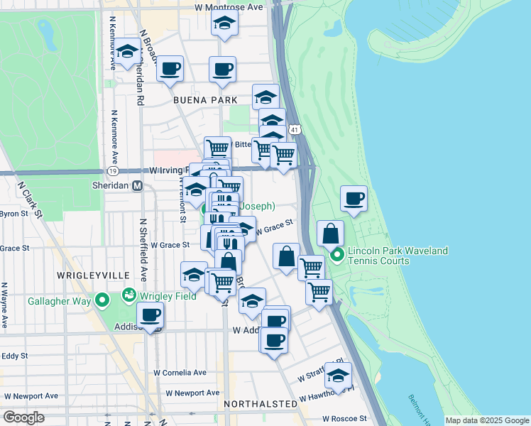 map of restaurants, bars, coffee shops, grocery stores, and more near 635w West Grace Street in Chicago
