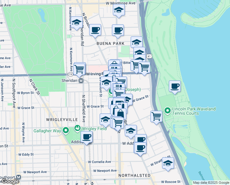 map of restaurants, bars, coffee shops, grocery stores, and more near 3823 North Broadway in Chicago
