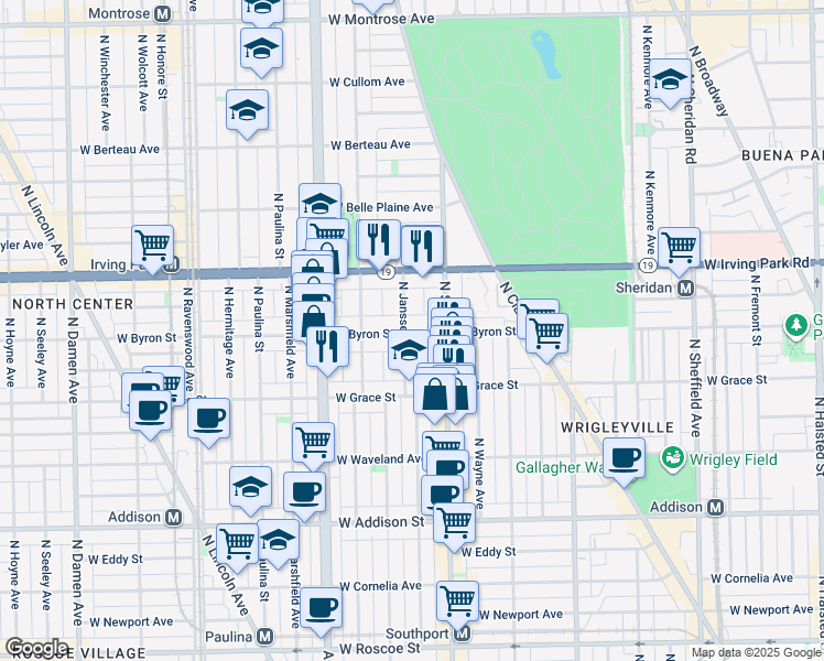 map of restaurants, bars, coffee shops, grocery stores, and more near 3846 North Janssen Avenue in Chicago