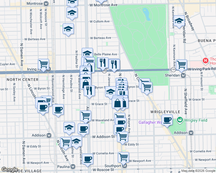 map of restaurants, bars, coffee shops, grocery stores, and more near 3846 North Janssen Avenue in Chicago