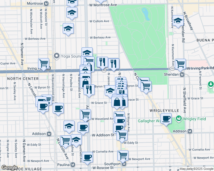 map of restaurants, bars, coffee shops, grocery stores, and more near 3846 North Janssen Avenue in Chicago