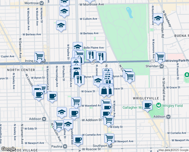 map of restaurants, bars, coffee shops, grocery stores, and more near 3846 North Janssen Avenue in Chicago