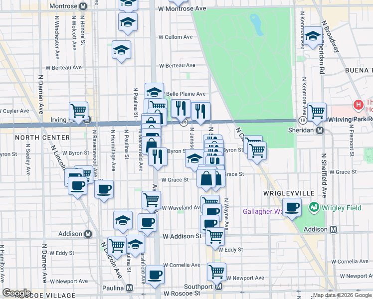 map of restaurants, bars, coffee shops, grocery stores, and more near 3846 North Janssen Avenue in Chicago