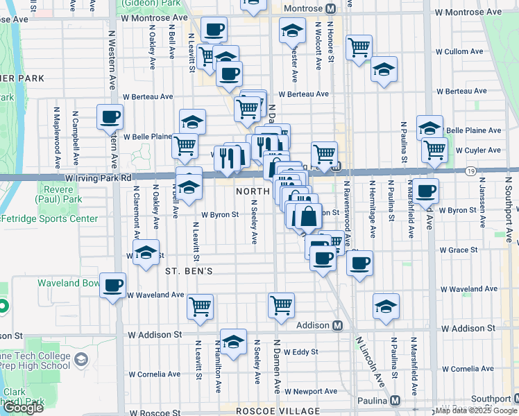 map of restaurants, bars, coffee shops, grocery stores, and more near 3849 North Seeley Avenue in Chicago
