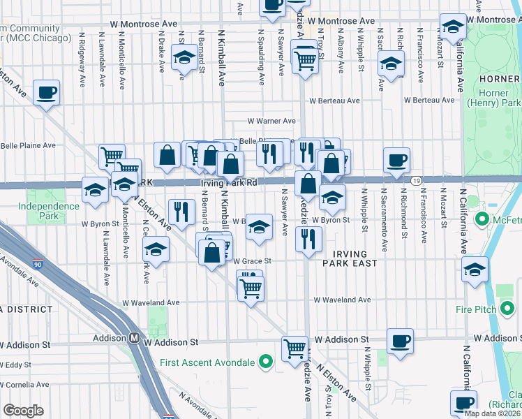 map of restaurants, bars, coffee shops, grocery stores, and more near 3834 North Spaulding Avenue in Chicago