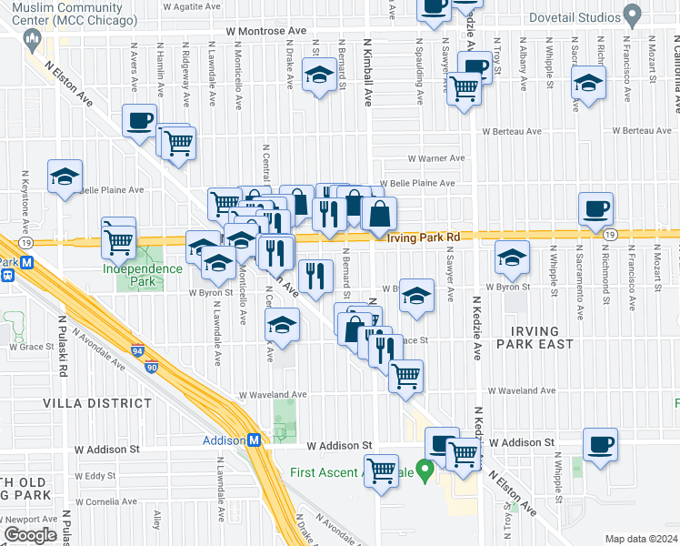 map of restaurants, bars, coffee shops, grocery stores, and more near 3859 North Bernard Street in Chicago