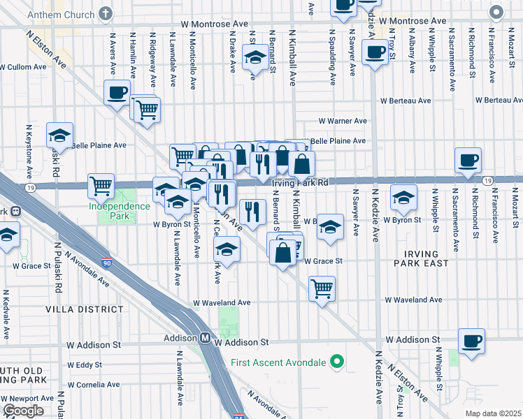 map of restaurants, bars, coffee shops, grocery stores, and more near 3860 North Saint Louis Avenue in Chicago