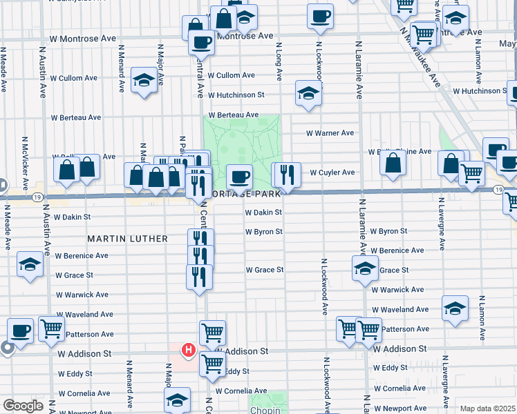map of restaurants, bars, coffee shops, grocery stores, and more near 5435 West Dakin Street in Chicago