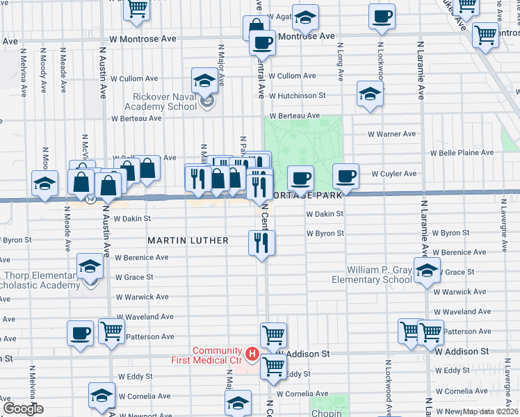 map of restaurants, bars, coffee shops, grocery stores, and more near 5625 West Dakin Street in Chicago