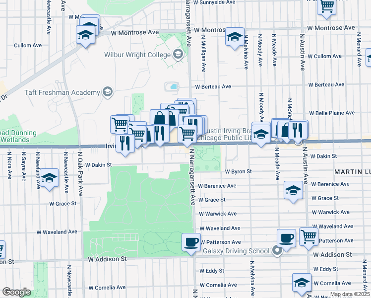 map of restaurants, bars, coffee shops, grocery stores, and more near 6422 West Dakin Street in Chicago