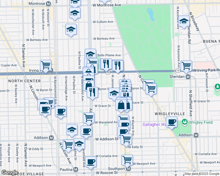 map of restaurants, bars, coffee shops, grocery stores, and more near 3846 North Janssen Avenue in Chicago