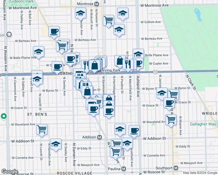 map of restaurants, bars, coffee shops, grocery stores, and more near 1750 West Byron Street in Chicago