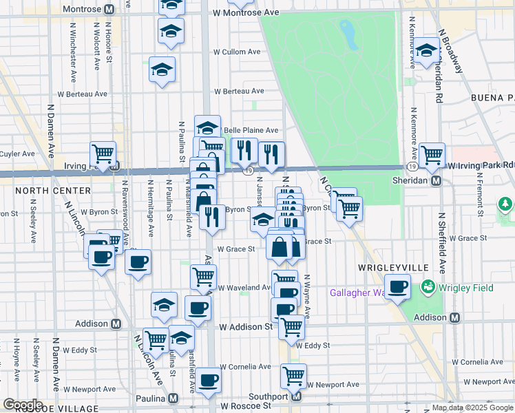 map of restaurants, bars, coffee shops, grocery stores, and more near 1444 West Byron Street in Chicago
