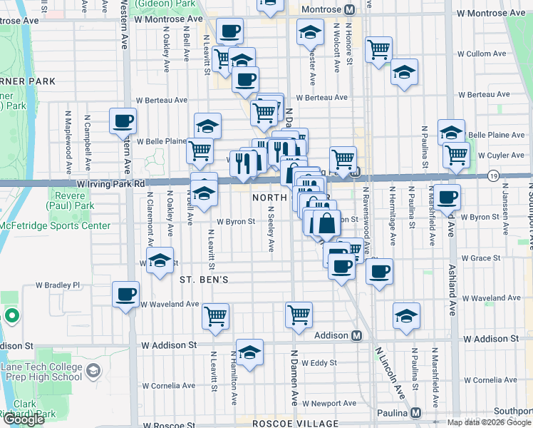 map of restaurants, bars, coffee shops, grocery stores, and more near 3906 North Seeley Avenue in Chicago
