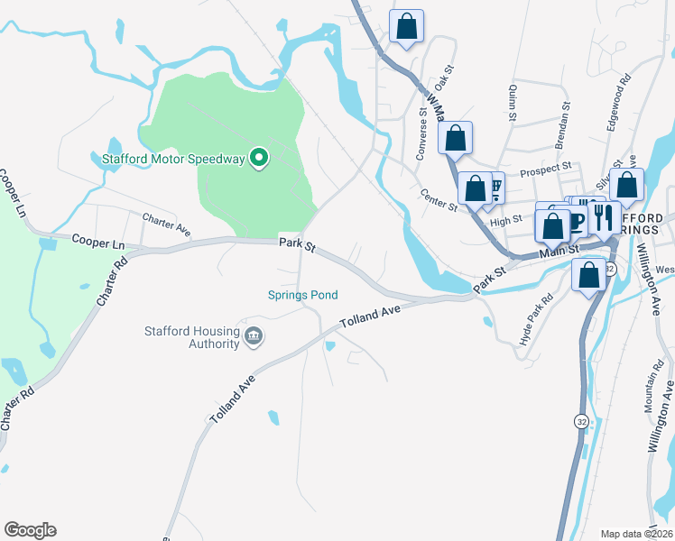 map of restaurants, bars, coffee shops, grocery stores, and more near 20 Park Street in Stafford