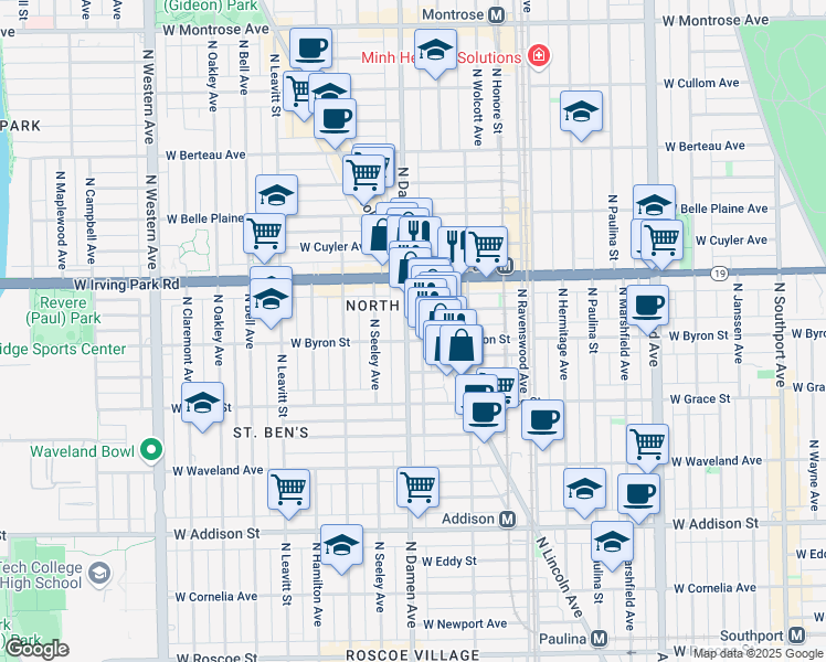 map of restaurants, bars, coffee shops, grocery stores, and more near 3907 North Damen Avenue in Chicago