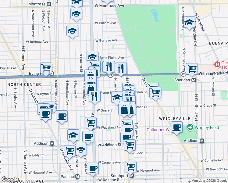 map of restaurants, bars, coffee shops, grocery stores, and more near 3846 North Janssen Avenue in Chicago