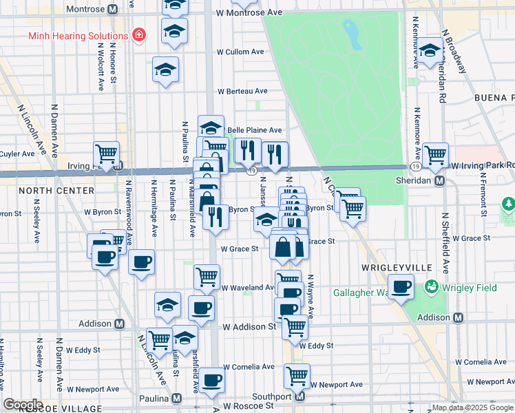 map of restaurants, bars, coffee shops, grocery stores, and more near 3846 North Janssen Avenue in Chicago