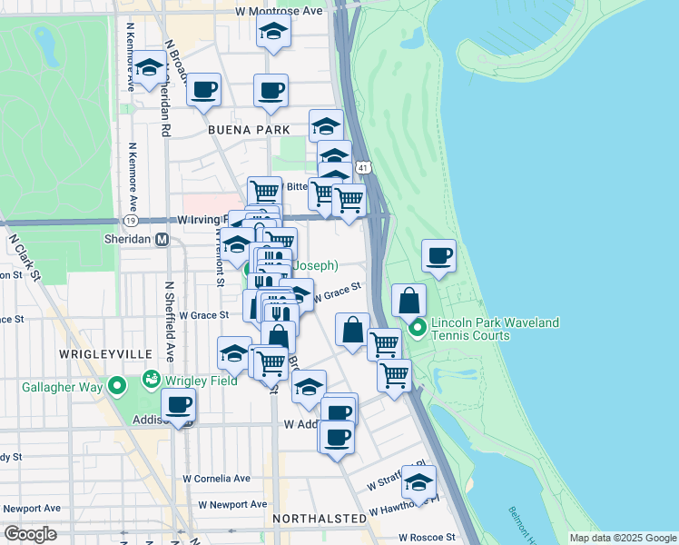 map of restaurants, bars, coffee shops, grocery stores, and more near 635w West Grace Street in Chicago