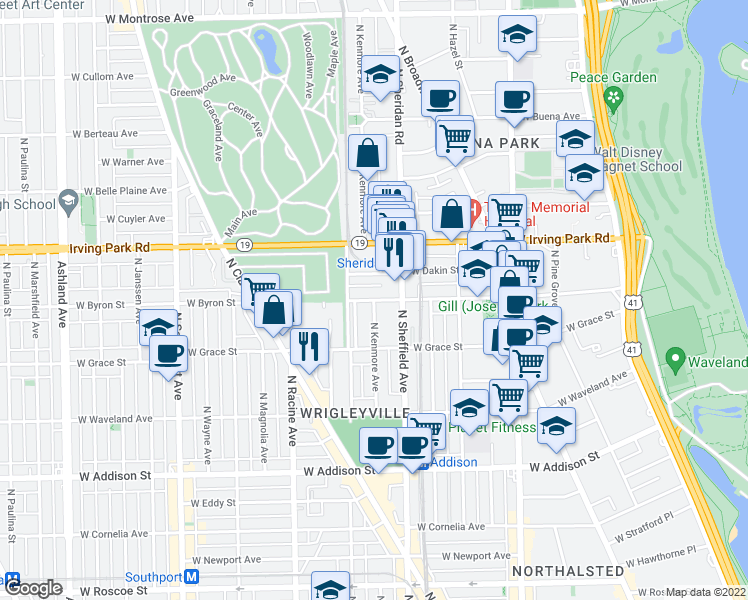 map of restaurants, bars, coffee shops, grocery stores, and more near West Byron Street & North Kenmore Avenue in Chicago