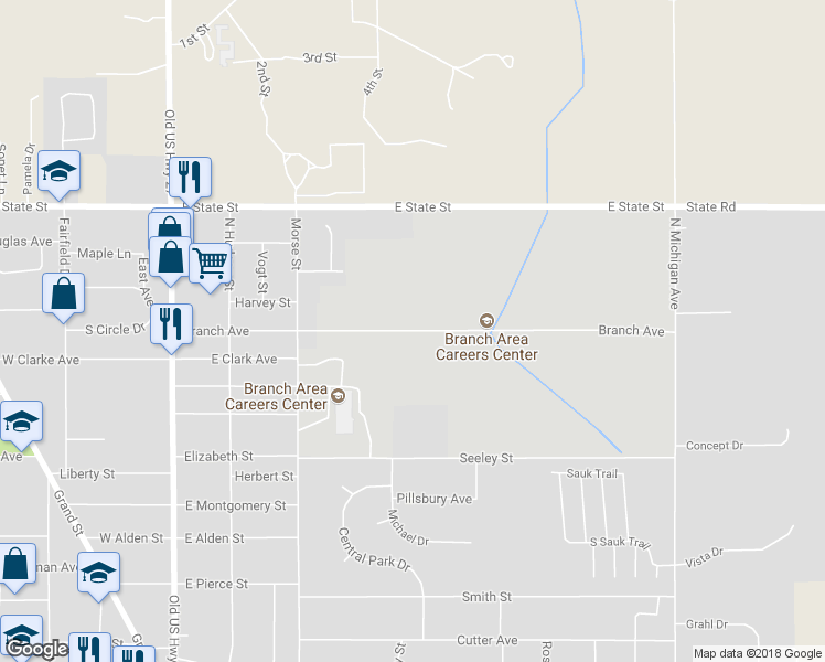 map of restaurants, bars, coffee shops, grocery stores, and more near Branch Avenue in Coldwater