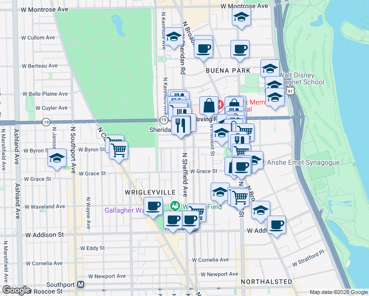 map of restaurants, bars, coffee shops, grocery stores, and more near N Sheridan Rd & W Sheridan Rd in Chicago