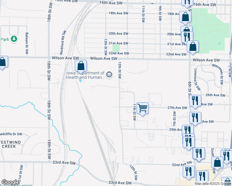 map of restaurants, bars, coffee shops, grocery stores, and more near 1225 26th Avenue Court Southwest in Cedar Rapids
