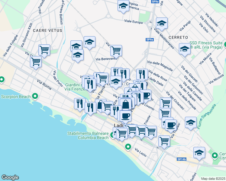map of restaurants, bars, coffee shops, grocery stores, and more near 130/A Via La Spezia in Ladispoli