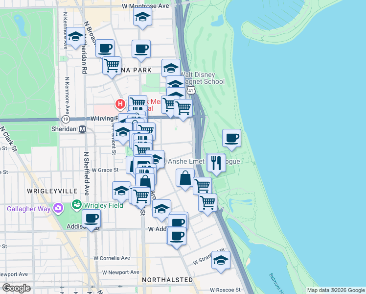 map of restaurants, bars, coffee shops, grocery stores, and more near 635w West Grace Street in Chicago