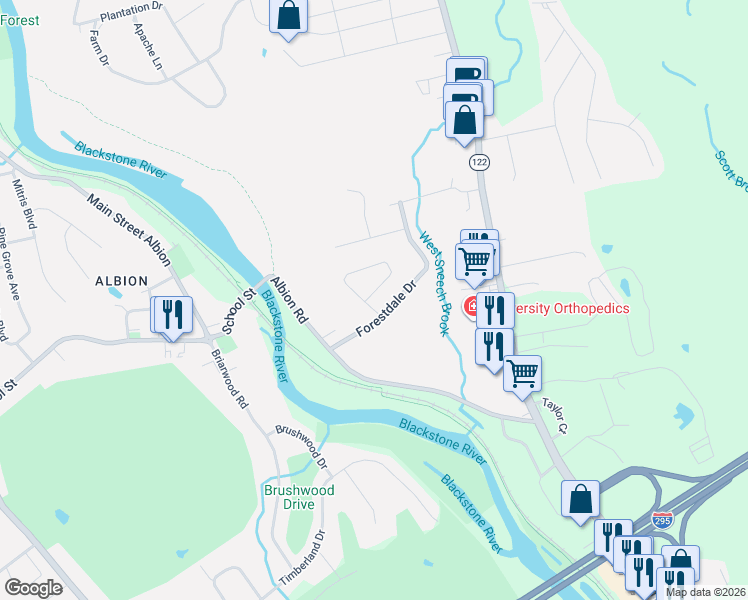 map of restaurants, bars, coffee shops, grocery stores, and more near 69 Forestdale Drive in Cumberland