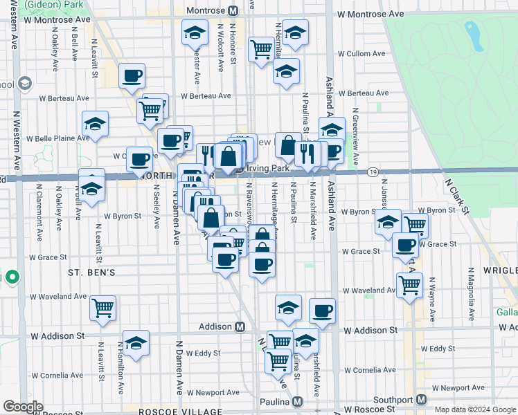 map of restaurants, bars, coffee shops, grocery stores, and more near 1754 West Byron Street in Chicago