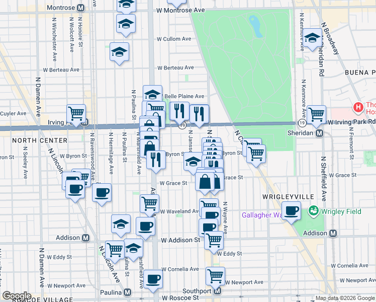 map of restaurants, bars, coffee shops, grocery stores, and more near 3900 North Janssen Avenue in Chicago