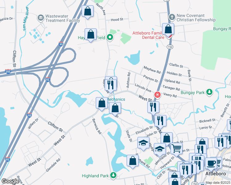 map of restaurants, bars, coffee shops, grocery stores, and more near 56 West Street in Attleboro