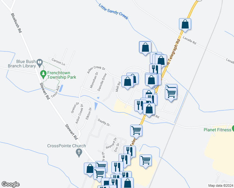 map of restaurants, bars, coffee shops, grocery stores, and more near 1525 Mall Road in Monroe