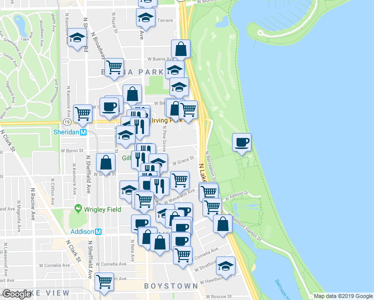 map of restaurants, bars, coffee shops, grocery stores, and more near 635w West Grace Street in Chicago