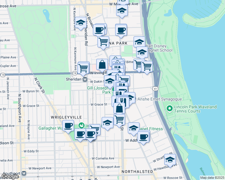 map of restaurants, bars, coffee shops, grocery stores, and more near 831 West Sheridan Road in Chicago