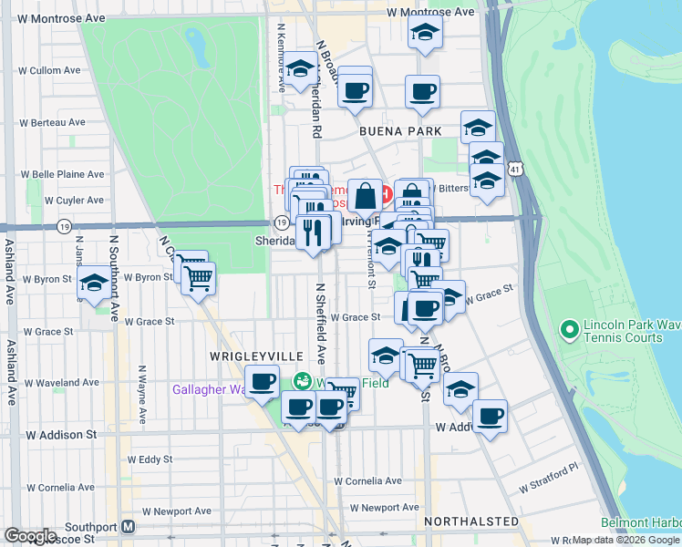 map of restaurants, bars, coffee shops, grocery stores, and more near 3825 North Sheffield Avenue in Chicago
