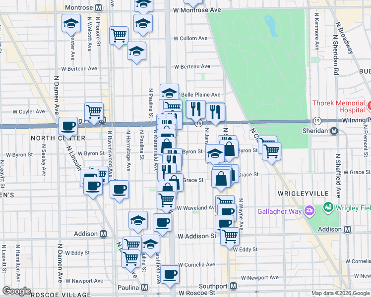 map of restaurants, bars, coffee shops, grocery stores, and more near 3845 North Greenview Avenue in Chicago