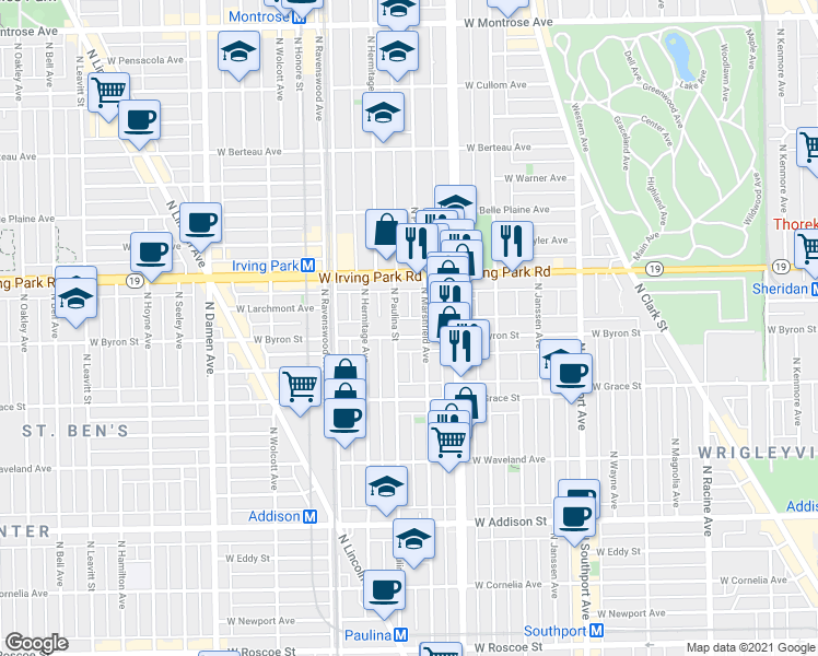 map of restaurants, bars, coffee shops, grocery stores, and more near 3844 North Marshfield Avenue in Chicago