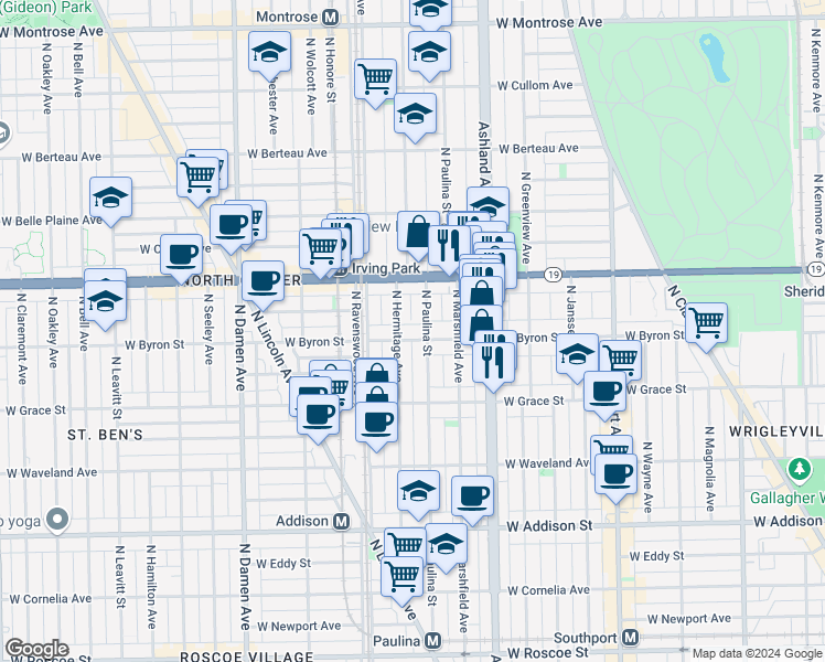 map of restaurants, bars, coffee shops, grocery stores, and more near 3844 North Paulina Street in Chicago