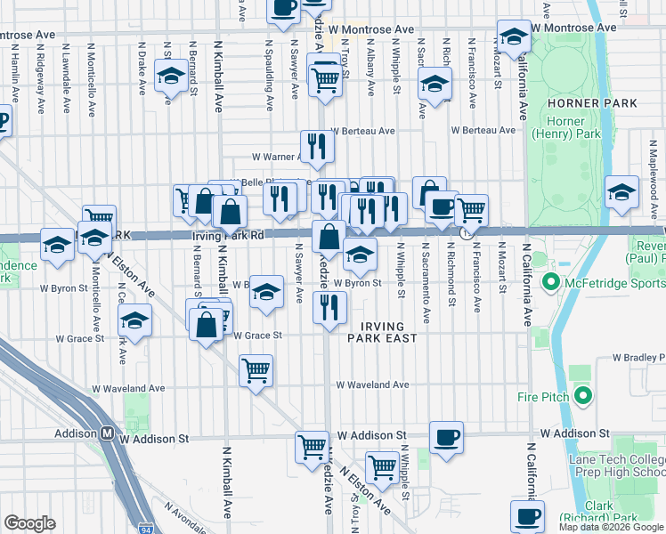 map of restaurants, bars, coffee shops, grocery stores, and more near 3859 North Kedzie Avenue in Chicago