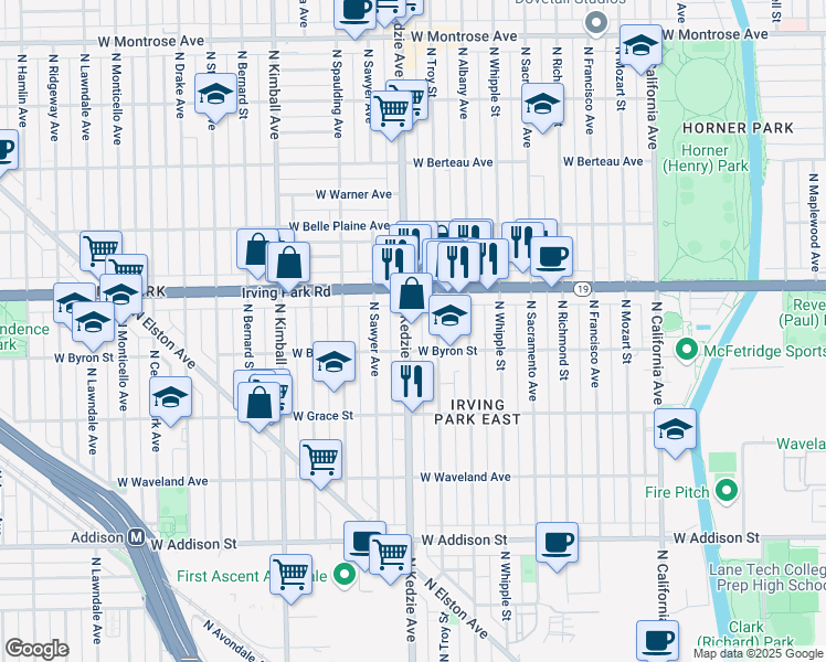 map of restaurants, bars, coffee shops, grocery stores, and more near 3858 North Kedzie Avenue in Chicago