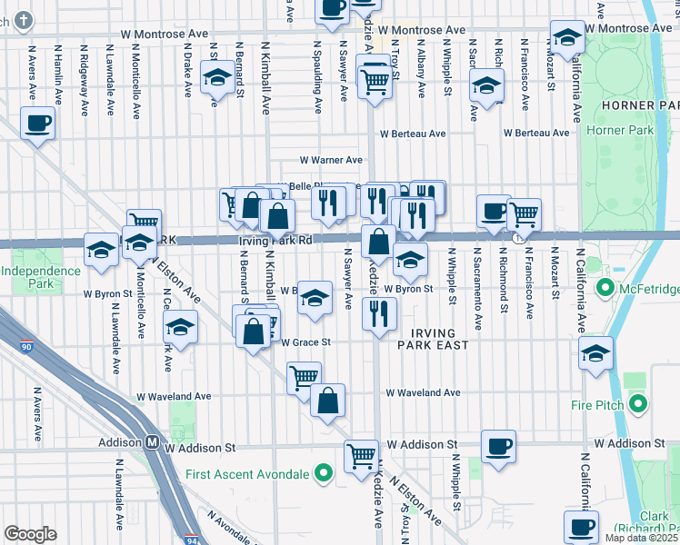 map of restaurants, bars, coffee shops, grocery stores, and more near 3858 North Sawyer Avenue in Chicago